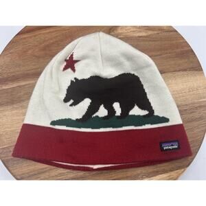 Patagonia Hat Beanie Fitted Mens One Size Red White California Bear Flag Knit